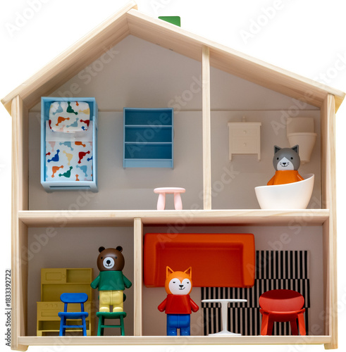 Isolated toy dollhouse with animal figures and furniture on transparent PNG background