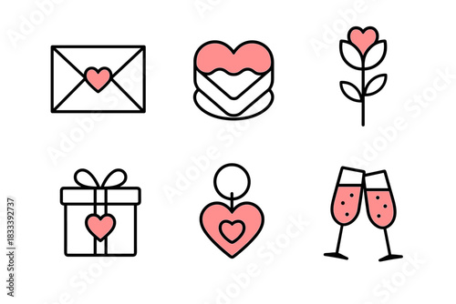 The icons are also dedicated to the theme of love and Valentine's Day, in a delicate, minimalist pink style.