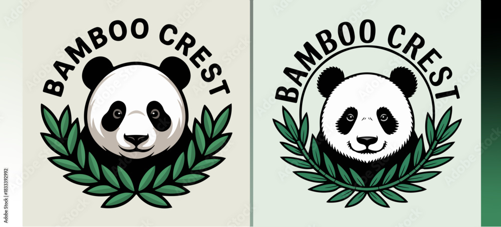 Obraz premium Two Bamboo Crest panda head logos with leaf wreaths, cute bear mascots in circular badges, green nature emblem set, vector illustration for eco branding
