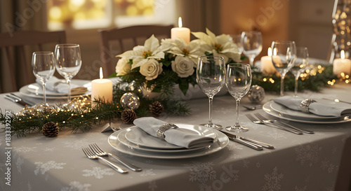 Sophisticated holiday tablescape featuring white poinsettias, silver accents, and ambient candlelight for a festive gathering