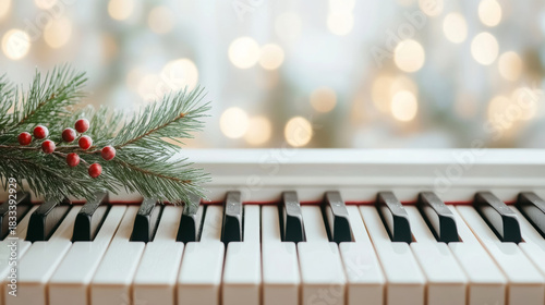 Cozy holiday atmosphere with piano keys illuminated by warm candlelight for festive mood