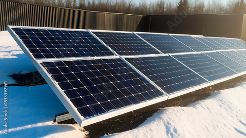 Array of solar panels in the winter, set up to absorb light. Energy and tech concept. Renewable power in a natural setting. Snow on the rooftop next to the solar panels.