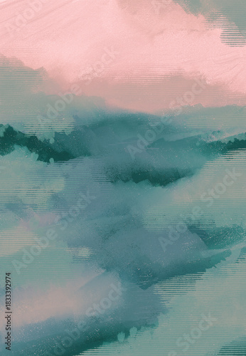Impressionistic Landscape of Valley or Meadow -Hillside in Sage Green, Teal & Soft Pink & Teal w/Texture & Pattern-Digital Painting, Art, Design, Artwork, Illustration