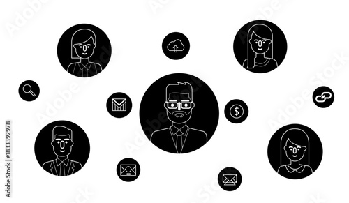 Global Business and Social Network Connection Diagram. Vector illustration of connected people, digital icons, cloud computing, and communication.