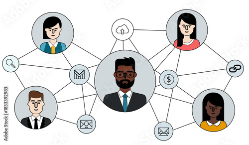 Business Network and Communication Diagram. Vector illustration of connected people, cloud computing, email, search, and financial technology.