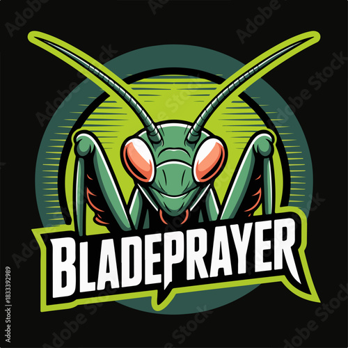 Bladeprayer praying mantis mascot with glowing eyes and raptorial arms, neon insect shield emblem; modern esports team logo vector illustration