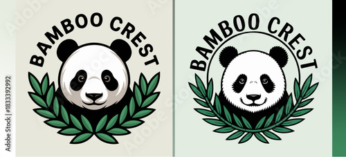 Two Bamboo Crest panda head logos with leaf wreaths, cute bear mascots in circular badges, green nature emblem set, vector illustration for eco branding