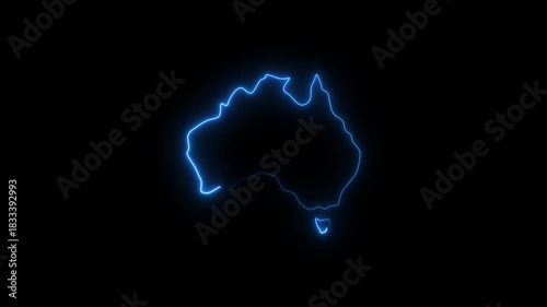 Australia outline glowing neon blue energy line animation on black background digital representation of continent map abstract technology concept
