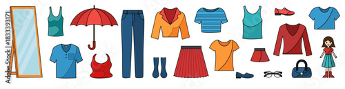 Colorful icons featuring a modern casual wardrobe: shirts, tank tops, cropped hoodie, pleated skirt, denim pants, and various footwear and accessories.