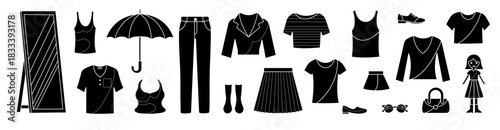 Minimalist silhouette icons featuring a modern casual wardrobe: shirts, tank tops, cropped hoodie, pleated skirt, denim pants, and footwear.