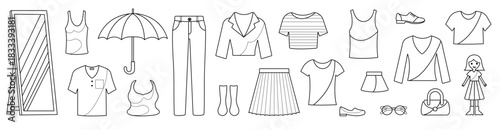 Vector outline set of trendy clothes and accessories, including tops, skirts, pants, umbrella, shoes, sunglasses, bag, and full-length mirror.