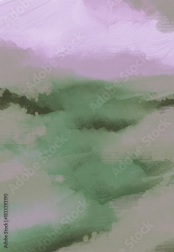 Impressionistic Landscape of Lavender Valley or Meadow -Hillside in Sage Green, Lavender & Dark Green w/Texture & Pattern-Digital Painting, Art, Design, Artwork, Illustration