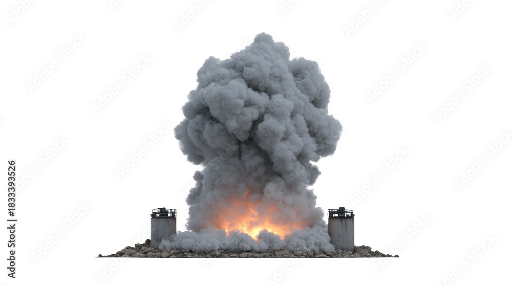 Fototapeta premium Explosion smoke fire destruction debris industrial danger dramatic outdoor disaster. large explosion with thick gray smoke and bright fire erupts from industrial site creating dramatic