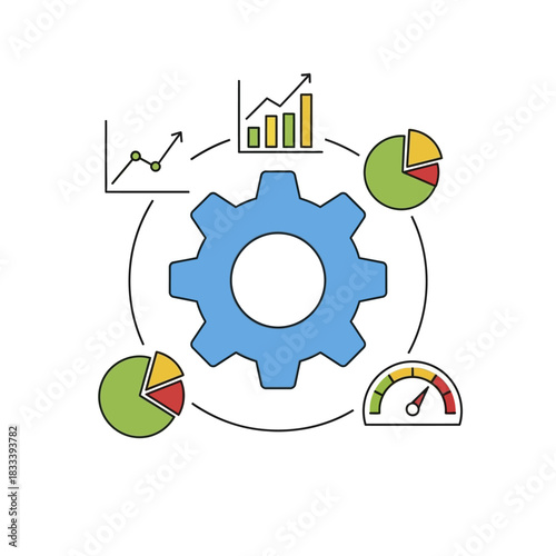 Gear and Data Visualization Representing Process and Performance Analysis.