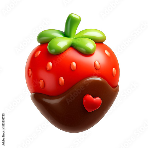 Glossy 3D rendered strawberry dipped in rich chocolate with a small red heart, a sweet and romantic treat isolated on transparent background.