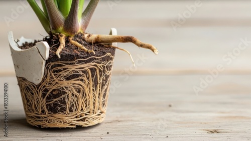 Plant roots are visible in broken pot showing plant roots structure. Indoor plant roots need repotting and plant roots are essential for plant survival, allowing it to absorb nutrients from soil.