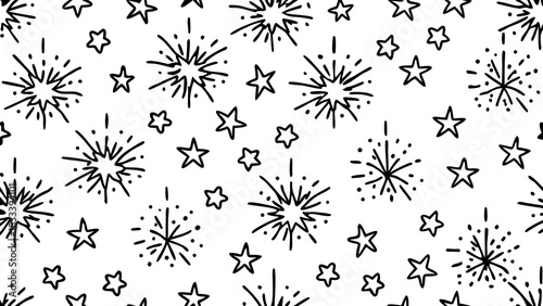 Very beautiful seamless pattern of playful hand-drawn doodle fireworks, featuring simple bursts, spark lines, festive stars, and looping shapes arranged in a clean repeating layout, perfect for textil