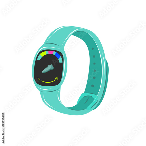 Vector illustration of a teal fitness tracker with a digital display. Modern wearable device for activity tracking, health monitoring, and sports.