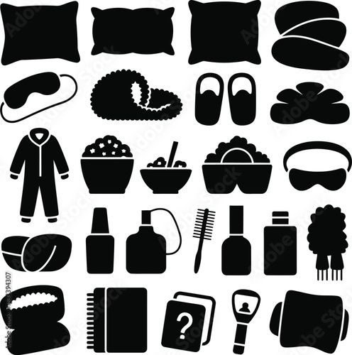 Collection of black silhouette icons representing comfort and personal care items