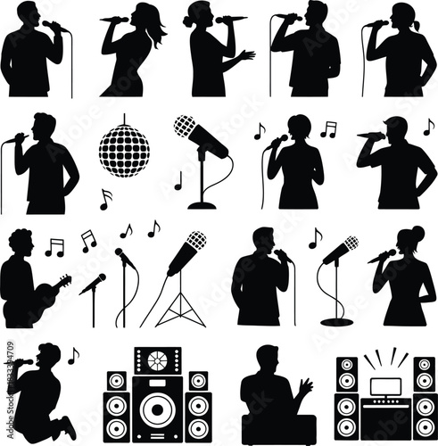 Silhouettes of singers and musicians performing with microphones and sound equipment
