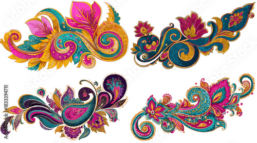 Vibrant paisley floral ornament set with swirling decorative shapes in bright colors. Ideal for textile design, bohemian themes, fashion prints, invitations, and creative craft work.