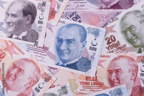 Fototapeta Naklejka Na Ścianę i Meble -  Money, currency of Turkey, lira banknotes of various denominations. Turkish money