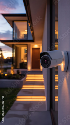 Modern home security camera protecting a luxurious residence at dusk, giving peace of mind and enhanced safety to the family with advanced technology