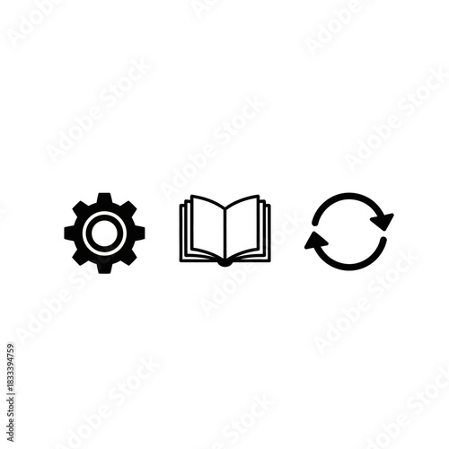 Gear Book and Refresh Icons Representing Settings Information and Update.