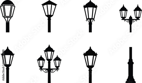 Street lamp silhouette collection isolated on white background