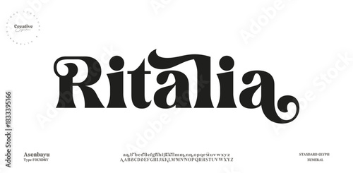 Ritalia Future font alphabet. Minimal lowercase letters. Smart space typographic design 