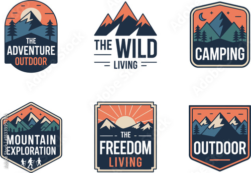 A set of six vintage outdoor adventure and mountain exploration logo badges, featuring classic silhouettes rendered in warm orange and brown tones