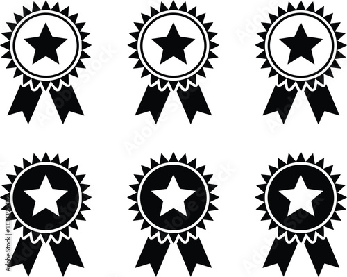 Collection of six black and white star award ribbons with serrated edges and hanging tails, representing achievement and recognition