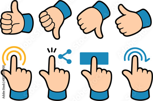 Set of four hand gestures for approval and disapproval, alongside four finger pointing and clicking icons