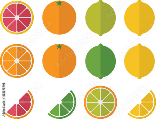 A collection of flat design citrus fruit icons showing whole fruits, slices, and wedges of grapefruit, orange, lime, and lemon arranged in a grid