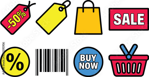 Set of retail and shopping icons, including sale tags, shopping bags, sale signs, discount percentages, barcodes, buy now buttons, and shopping baskets for e-commerce and marketing