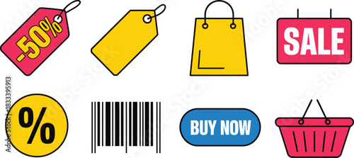 A vibrant collection of flat line icons representing e-commerce, retail promotions, and online shopping concepts for web design and marketing