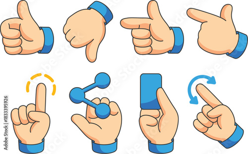 A collection of colorful illustrated hand gesture icons for user interface and social media interaction, including thumbs up, pointing, tapping, and sharing symbols with blue cuffs
