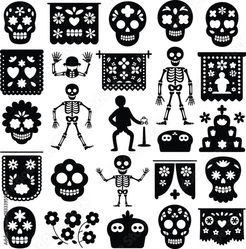 Dia de los muertos sugar skull and skeleton decorations