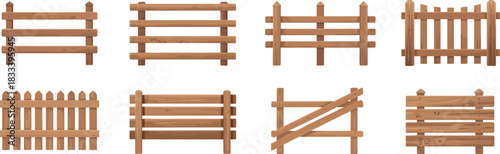 A collection of realistic wooden fences in various styles, including picket, ranch, and plank designs, isolated on a white background for design elements