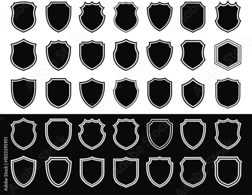 A diverse collection of shield and badge silhouettes, featuring classic heraldic crests, police-style emblems, and modern geometric shapes for logos