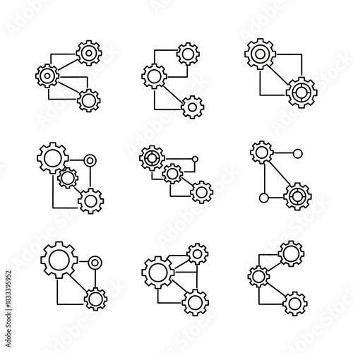 Gear mechanisms interconnected in a network representing technological processes and systems.