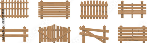 Collection of various wooden fence and gate designs on a white background