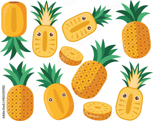 Playful cartoon pineapples and slices, with golden-yellow bodies, textured skin, and spiky green crowns, for vibrant tropical summer designs