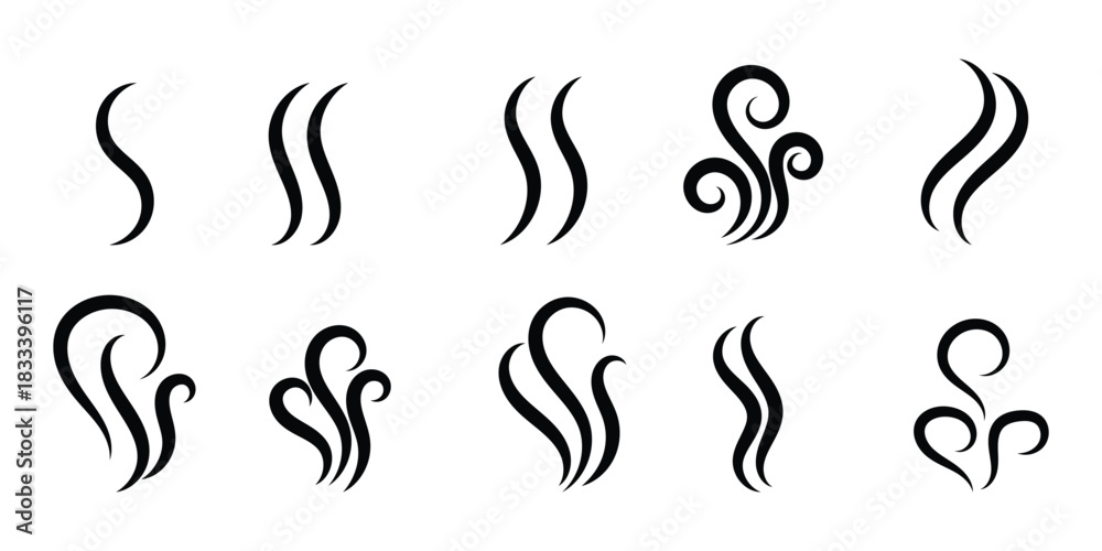 Obraz premium Smoke, steam, smog, smell symbols. Smoke vector icons. Fire steam or Line smoke doodle hand drawn set. smell waves from food or coffee and beverages sketch style. black steam and vapor icons. EPS 10. 
