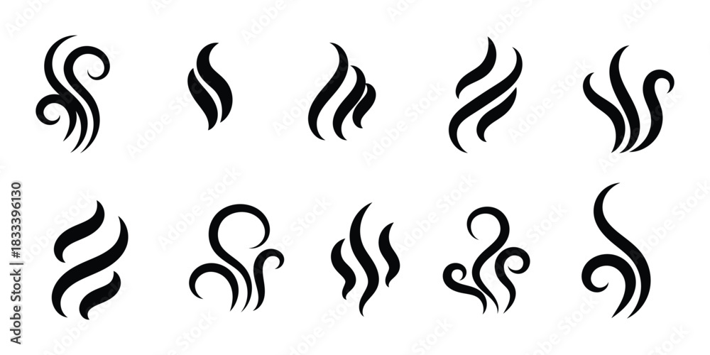 Naklejka premium Smoke, steam, smog, smell symbols. Smoke vector icons. Fire steam or Line smoke doodle hand drawn set. smell waves from food or coffee and beverages sketch style. black steam and vapor icons. EPS 10.