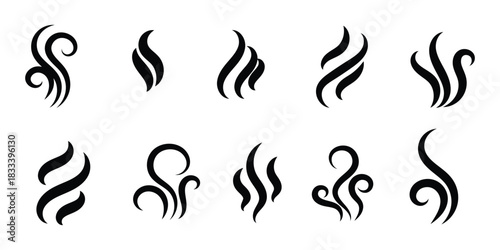 Smoke, steam, smog, smell symbols. Smoke vector icons. Fire steam or Line smoke doodle hand drawn set. smell waves from food or coffee and beverages sketch style. black steam and vapor icons. EPS 10. 