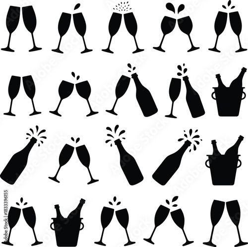 Celebratory champagne and wine glasses with splashing bottles