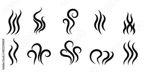 Smoke steam icon vector logo set. Smoke smell, steam aroma heat icon illustration. Hot vapor fire doodle line logo. Hit stink, coffee, fragrance flame elements. Smoke steam icon set. EPS 10. 