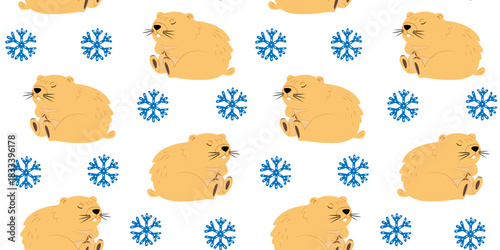 sleeping groundhog pattern cozy winter design seamless background marmot character closed eyes snowflakes white backdrop woodchuck didn't wake up