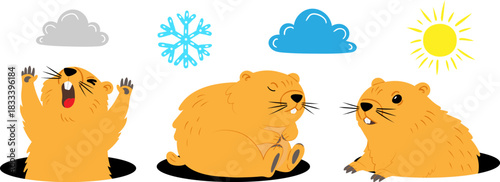 groundhog day weather forecast elements vector set cartoon marmot predicts shadow sun snowflake cloud isolated background holiday greeting card banner design